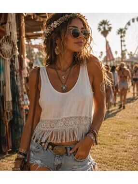 Saachi White Crochet Fringe Crop Tank Top Size S